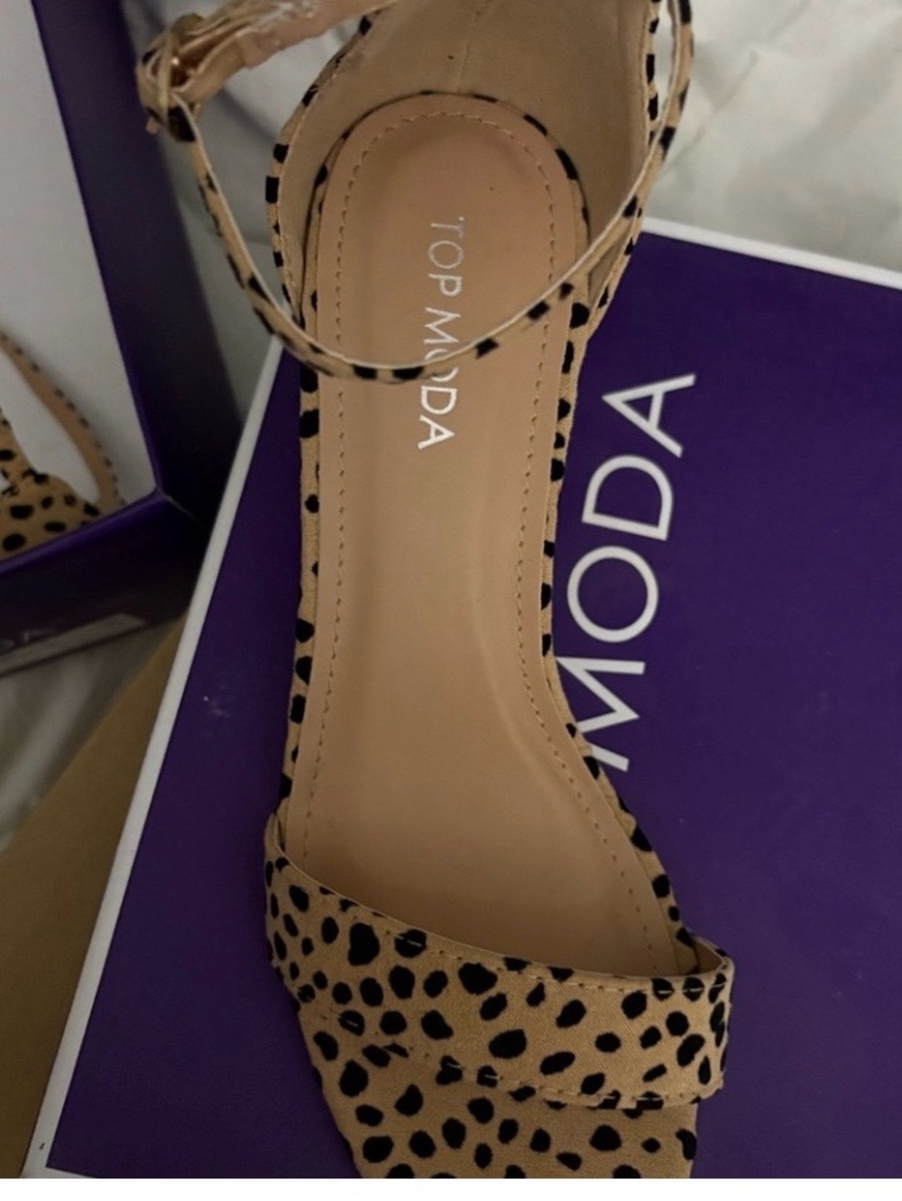 TOP Moda Leopard Print Ankle Strap Heels in Tan and Black